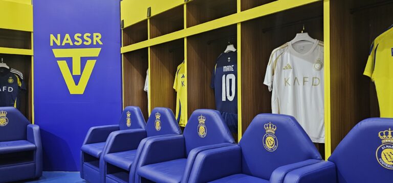 A modern media facility developed for Al Nassr TV, combining functionality with a strong visual identity.
