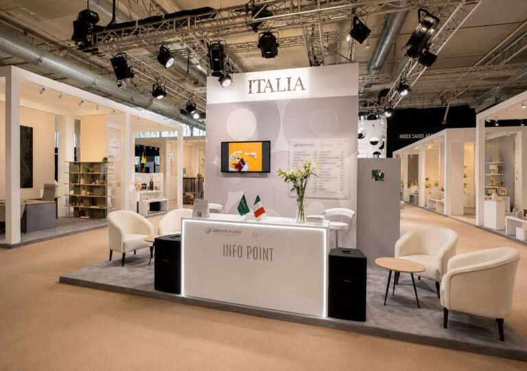 A contemporary exhibition pavilion showcasing Italian design, innovation, and craftsmanship in an elegant visitor experience.