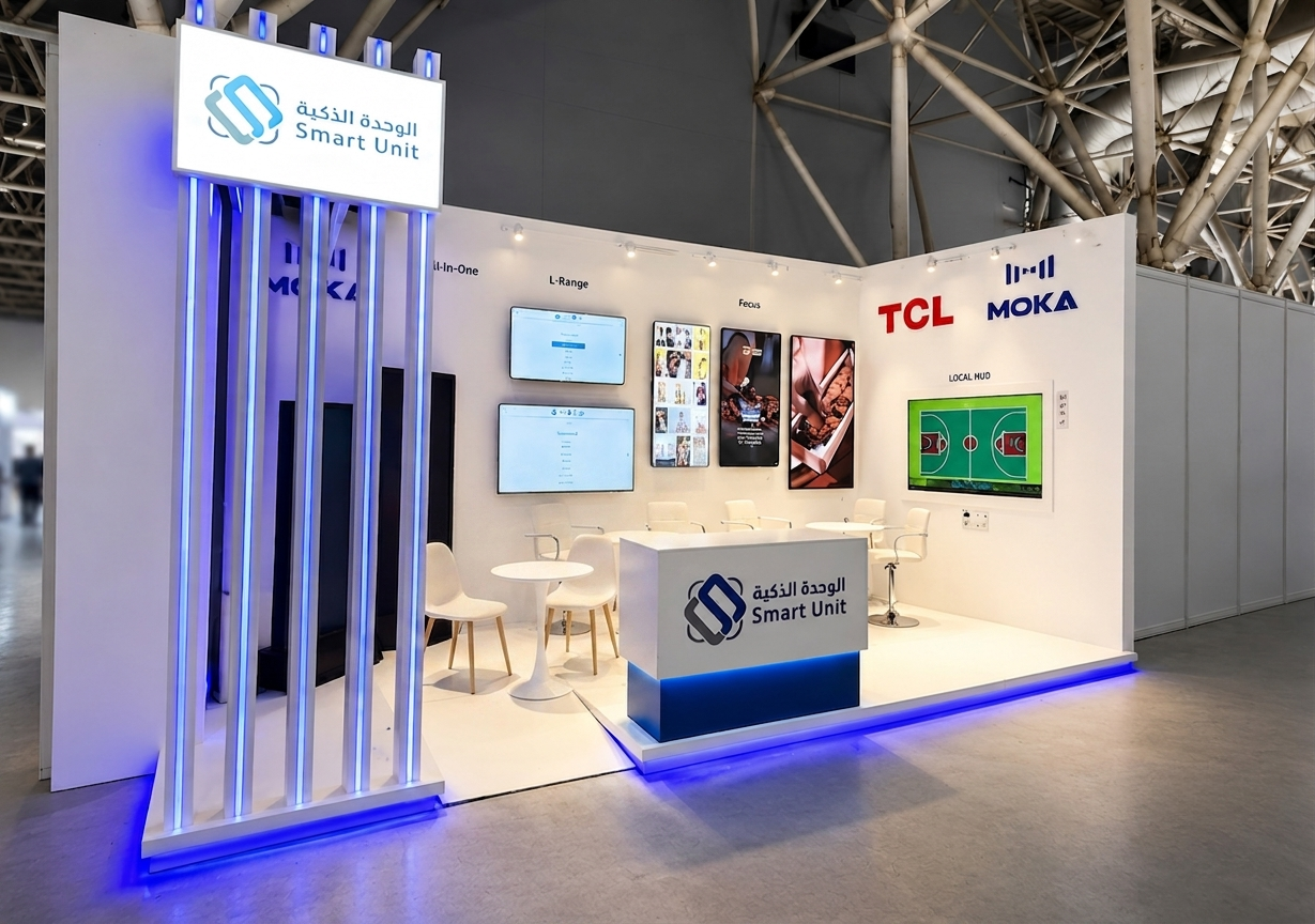 A modern exhibition booth designed to showcase Smart Unit Company's innovative solutions in a professional and engaging environment.